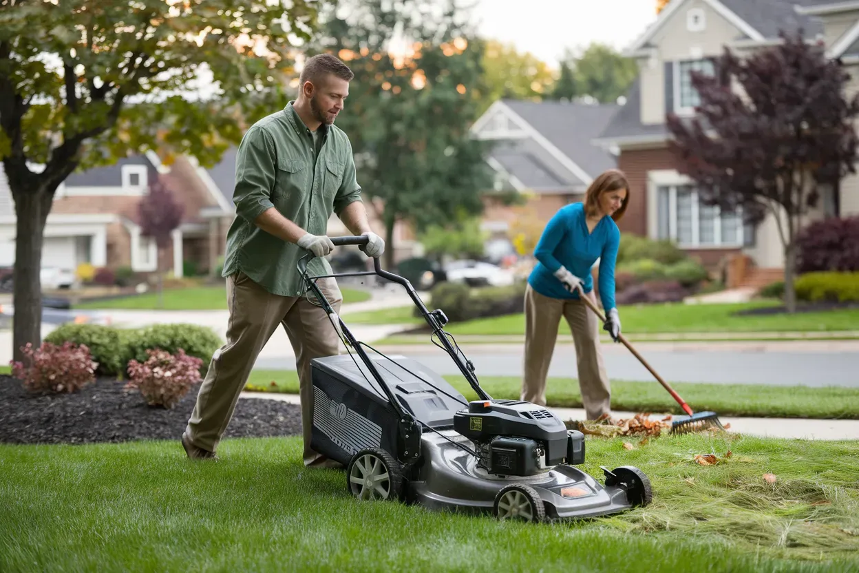 A man is mowing the lawn while a woman rakes the leaves.