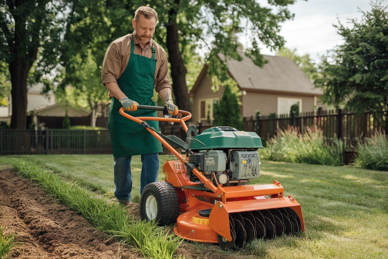 A man is mowing a lawn with an orange lawn mower.