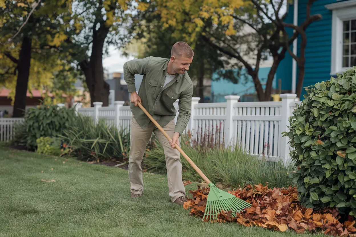 A man is raking leaves in his yard with a green rake.