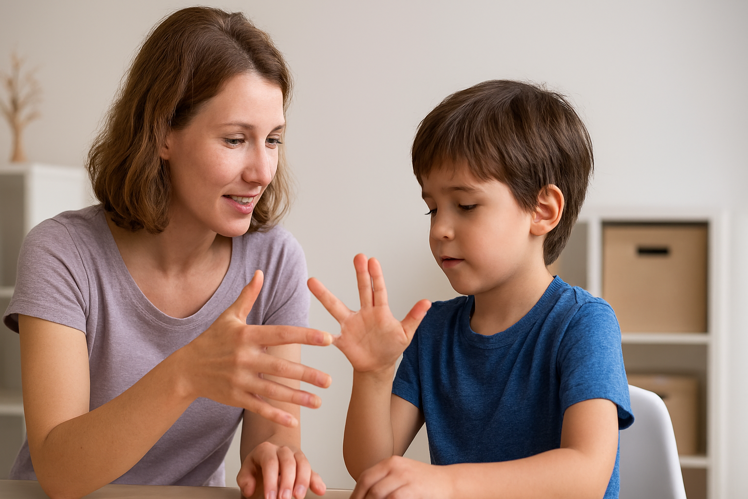 Woman teaching a young child to count using fingers at a table. Light room, both looking at their hands.