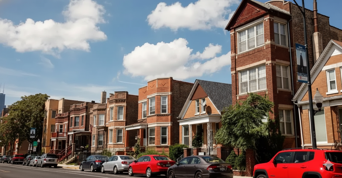 Row of brick houses with parked cars on a sunny street, Chicago.