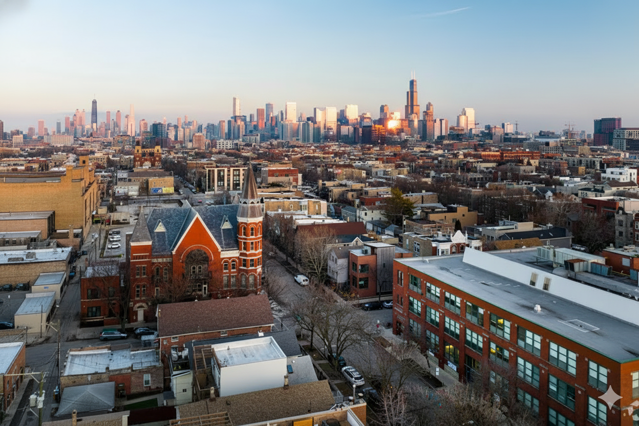 Aerial view of Chicago skyline at sunset, buildings and church in the foreground.