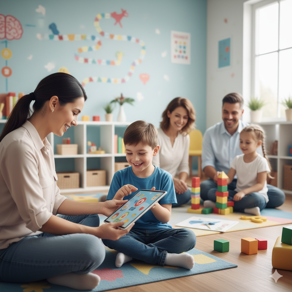 Therapist smiles at child playing with colorful bead maze on a carpeted floor.