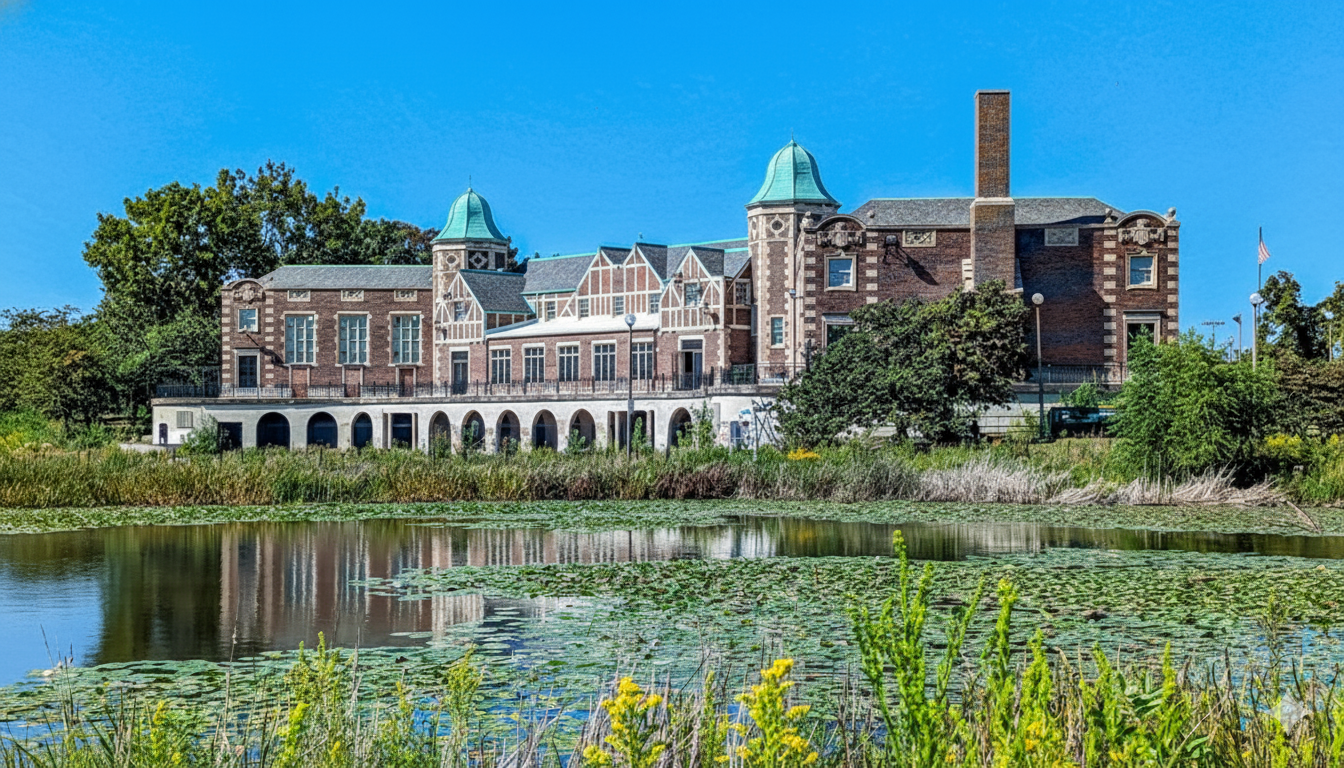 Brick building with turquoise domes reflected in a pond filled with lily pads, under a clear blue sky.