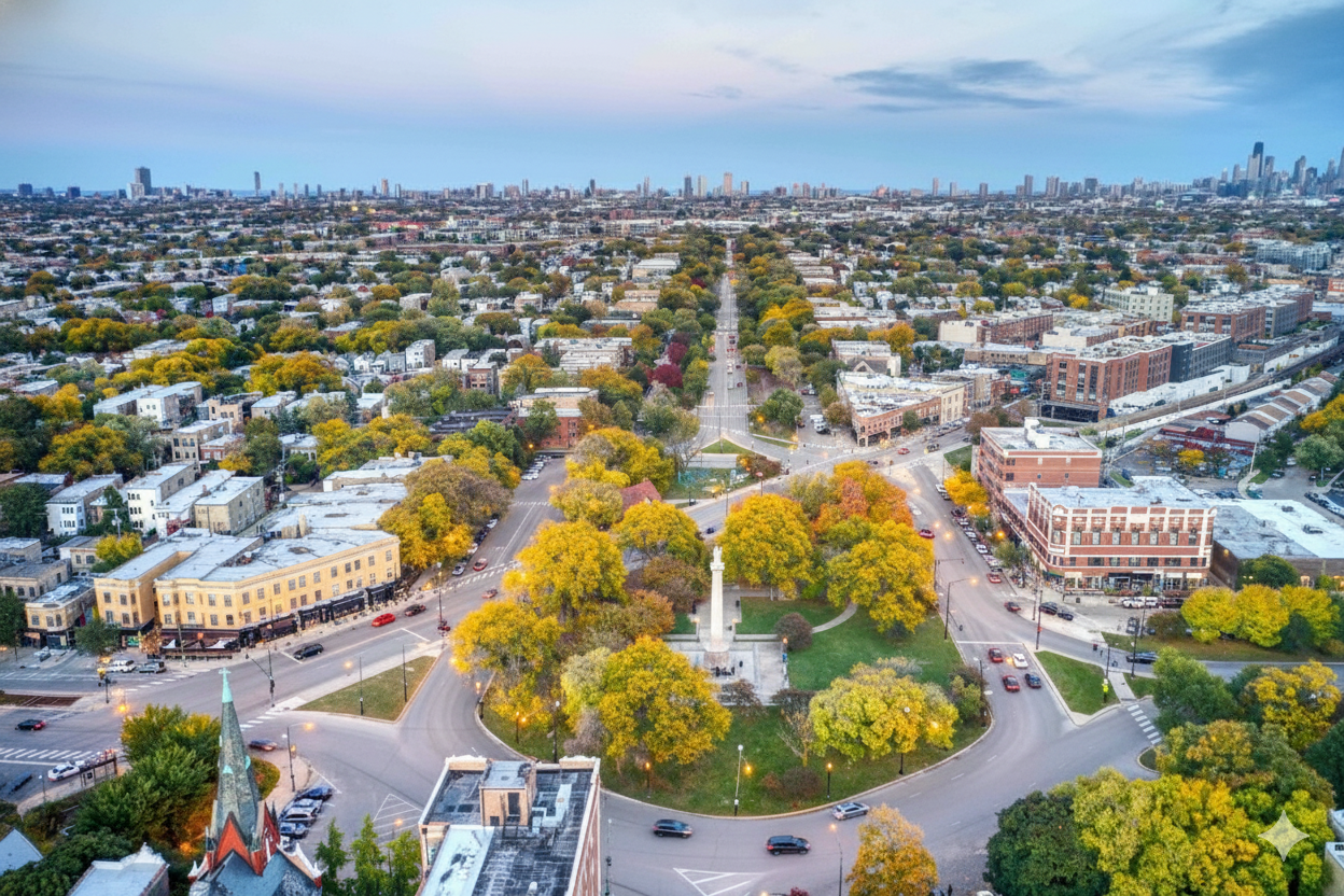 Aerial view of a city with a central park, surrounded by buildings and a cloudy sky.