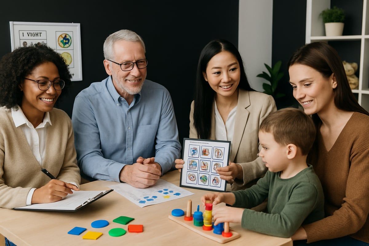 A child with a parent and three professionals examines images and building blocks at a table.