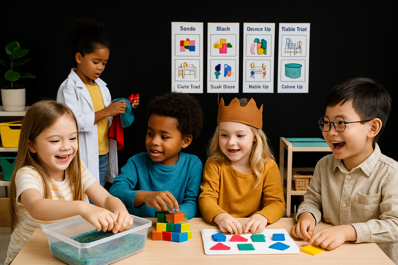 Children at a table with toys, smiling and interacting. Another child wears a lab coat, holding items. Charts on the wall.