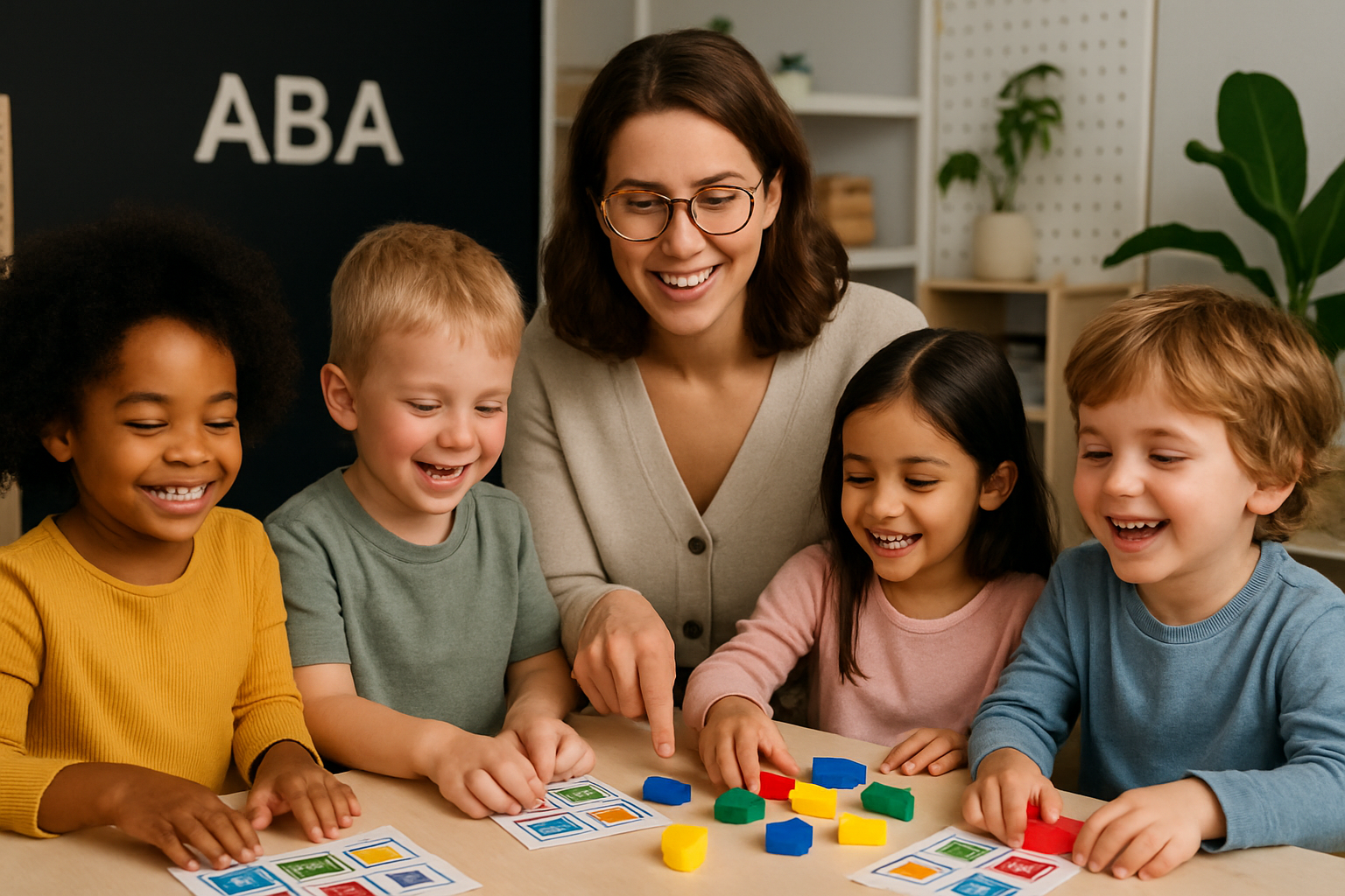 Teacher and children at a table, smiling while pointing to activity cards with blocks. ABA sign visible.