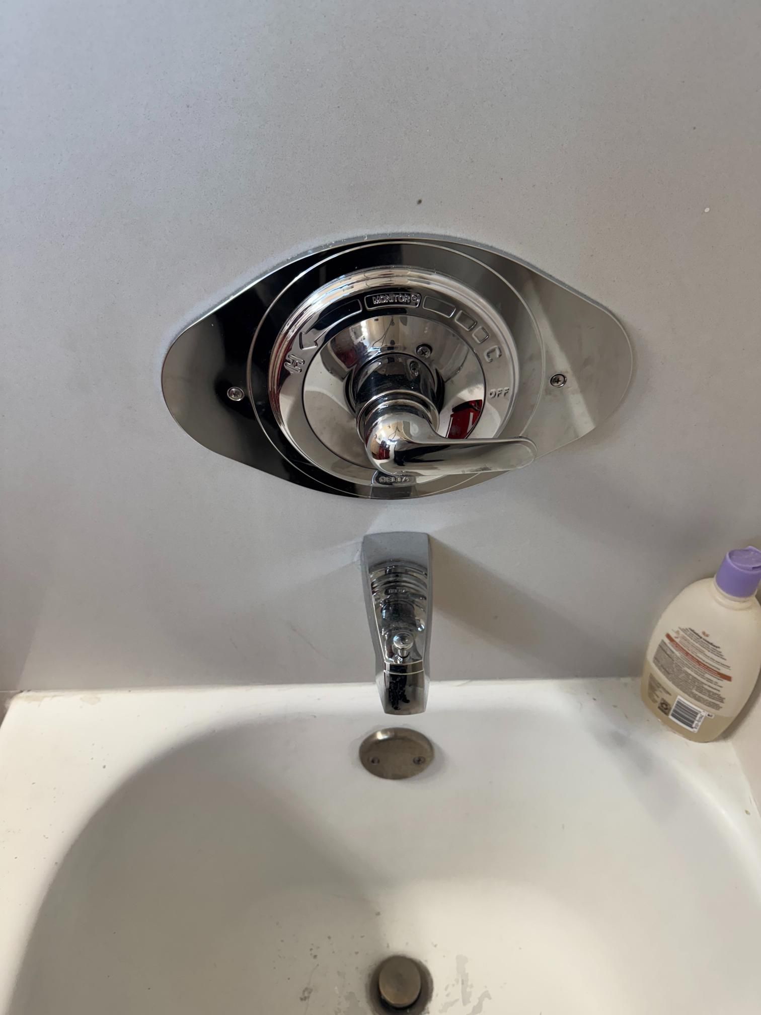 A bathroom sink with a faucet and a bottle of baby lotion.
