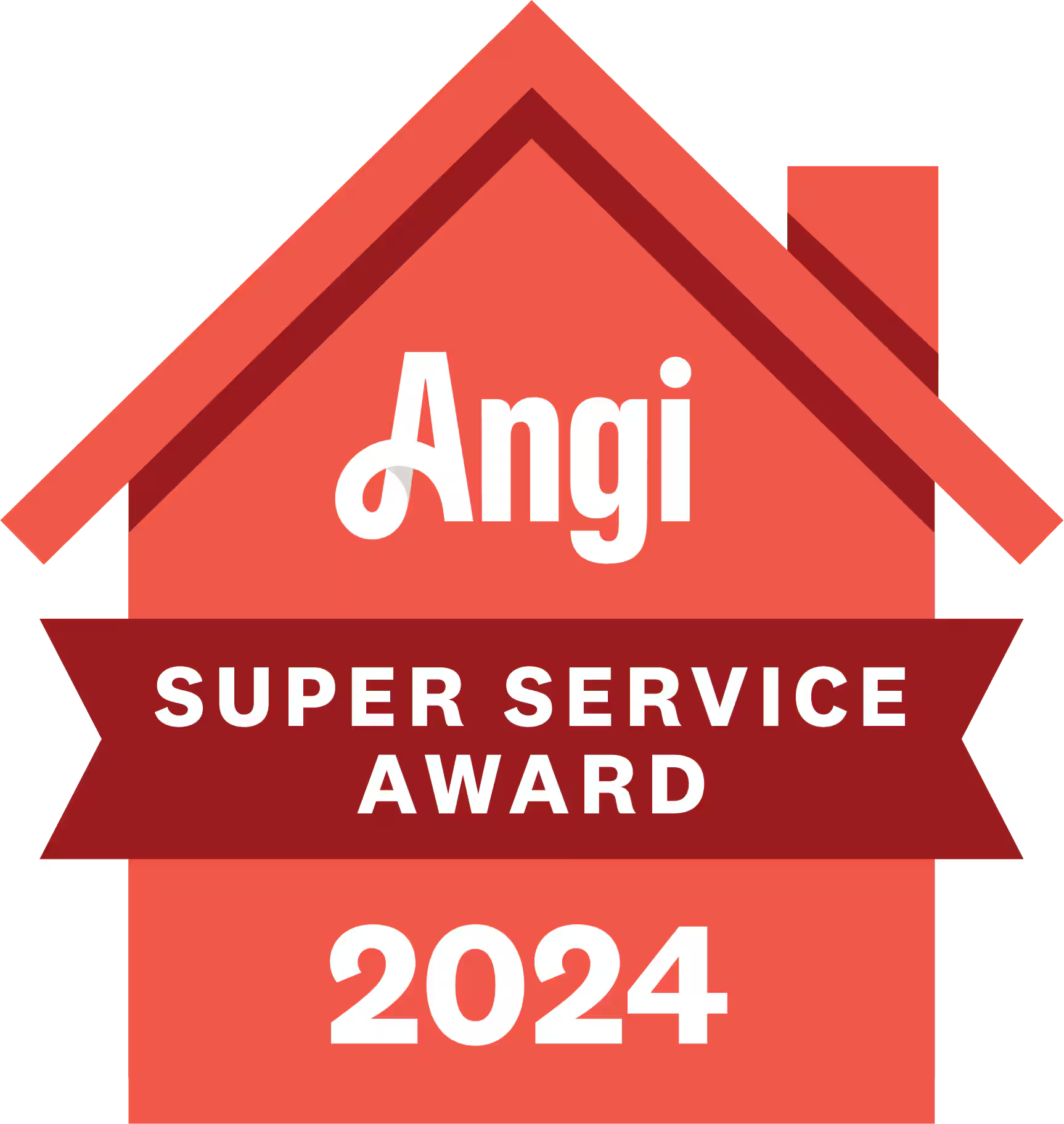 A red house with a red ribbon that says angi super service award 2024