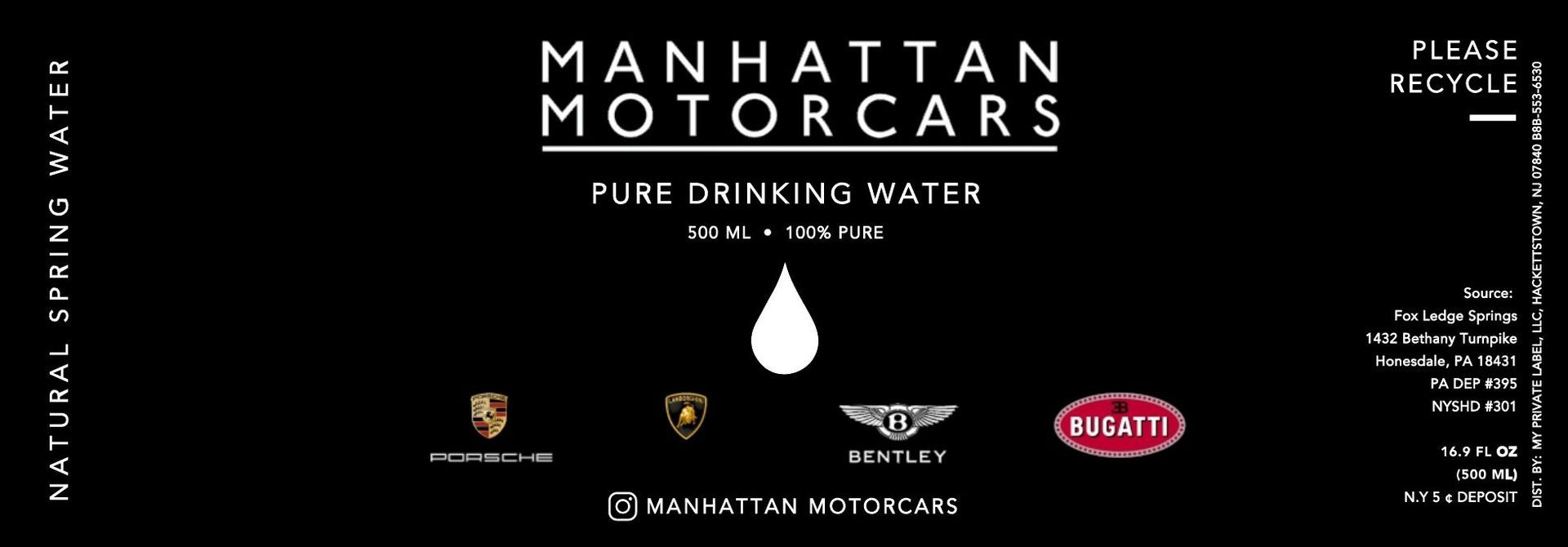 A bottle of manhattan motorcars pure drinking water