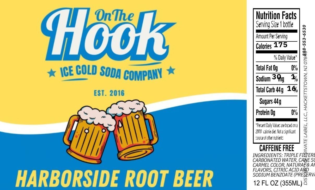 A label for harborside root beer from the hook ice cold soda company
