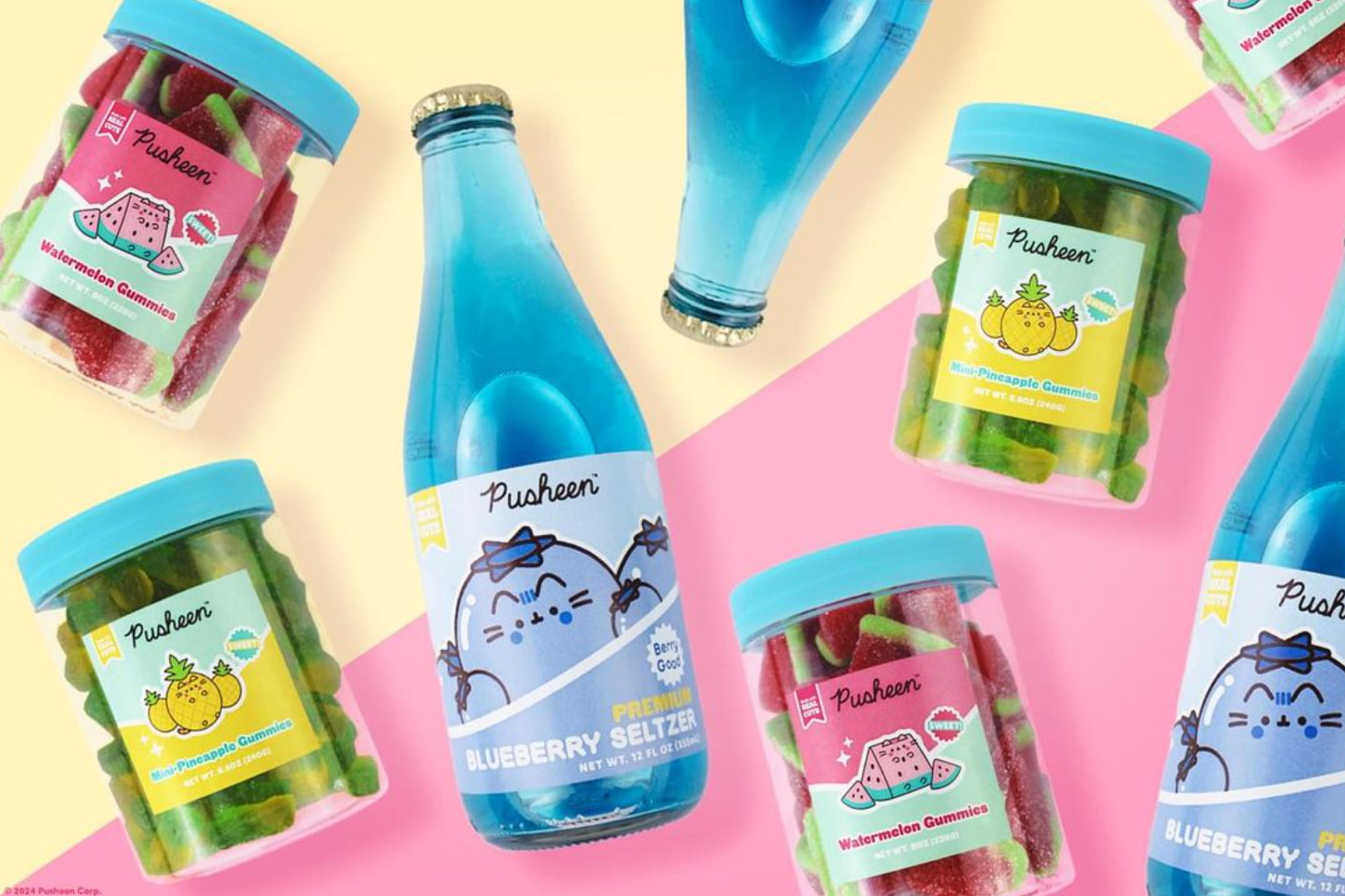 A bunch of bottles and jars of gummy worms on a pink and yellow background.