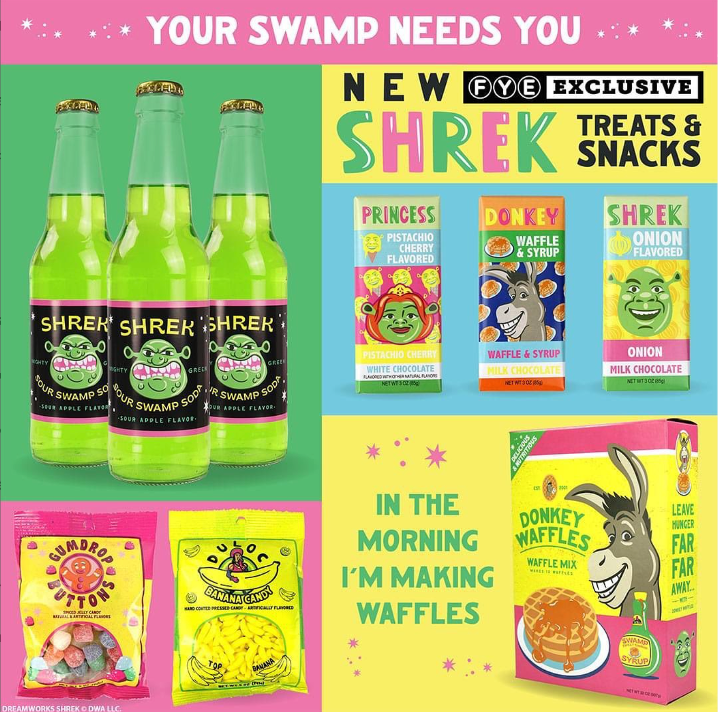 A collage of shrek treats and snacks on a pink background