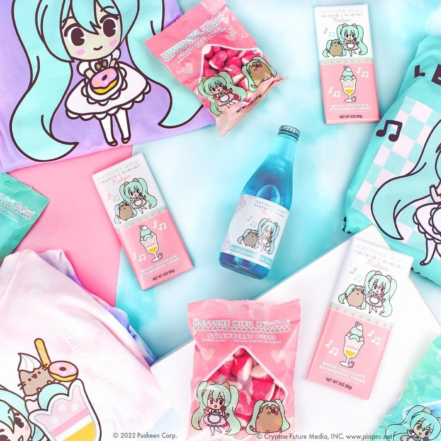 A table topped with a variety of hatsune miku products.