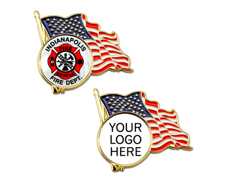 A pair of indianapolis fire department badges with an american flag