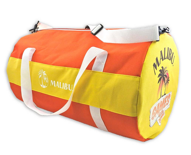 A red and yellow duffel bag with the word malibu on it