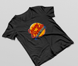 A black t-shirt with a johnny rockets logo on it