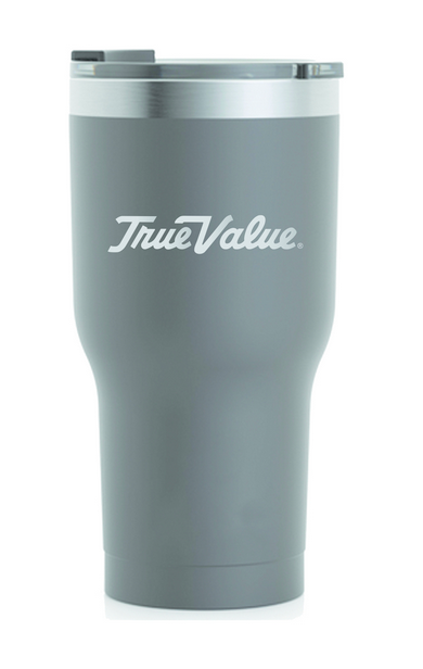 A gray tumbler with the words true value on it