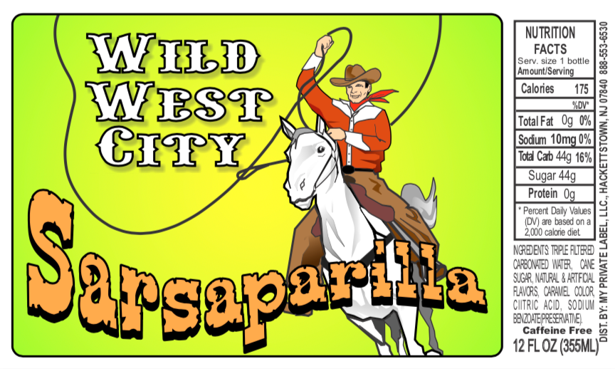 A label for wild west city sarsaparila shows a cowboy riding a horse.