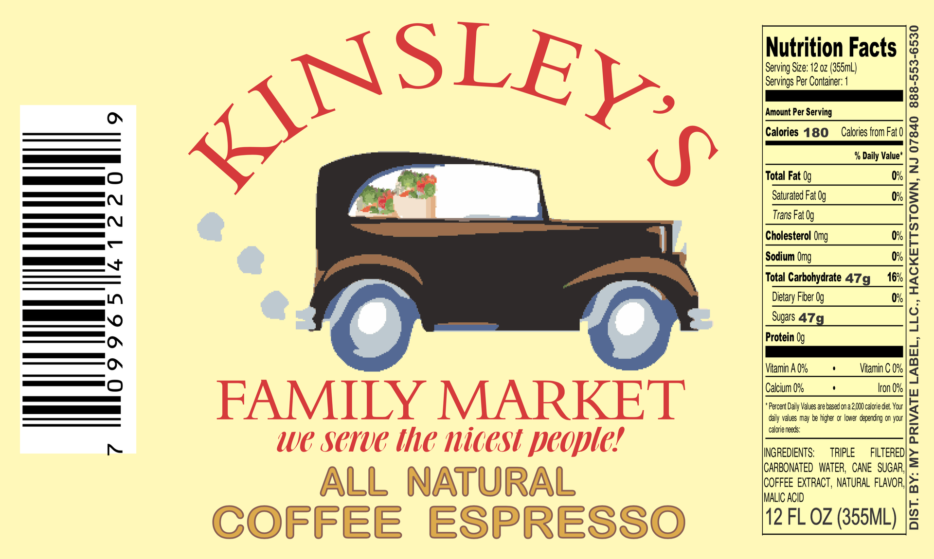 A label for kinsley 's family market all natural coffee espresso