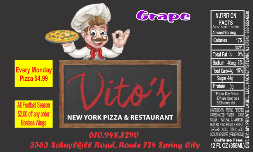 A bottle of vito 's grape new york pizza and restaurant
