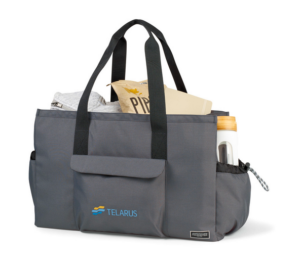 A gray tote bag with the word telarus on it