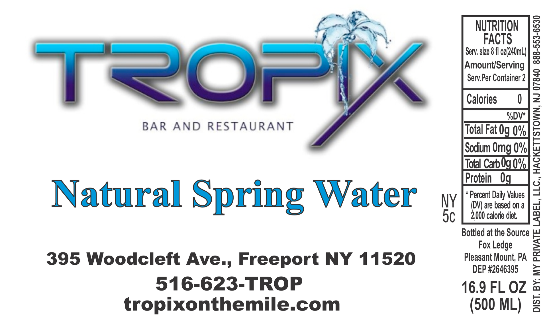 A label for tropic bar and restaurant natural spring water
