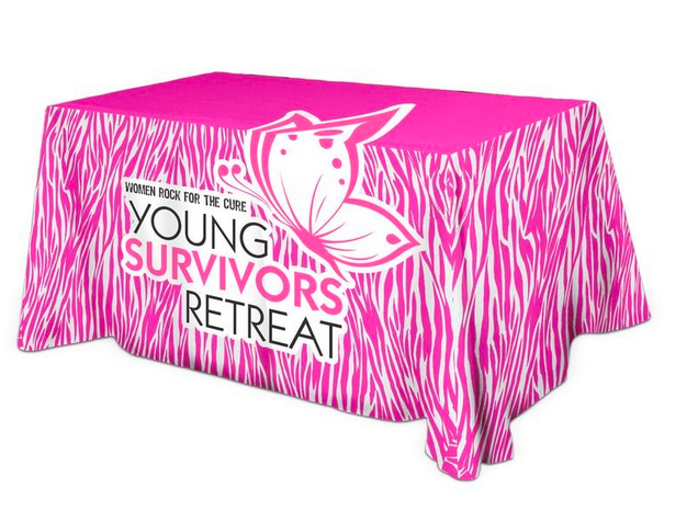 A pink table cloth with the words young survivors retreat on it