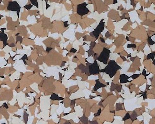 Tan, cream, brown, and black decorative epoxy floor flakes.
