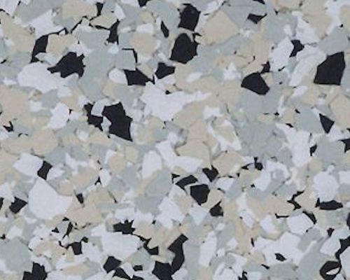 Speckled flooring in white, gray, beige, and black.