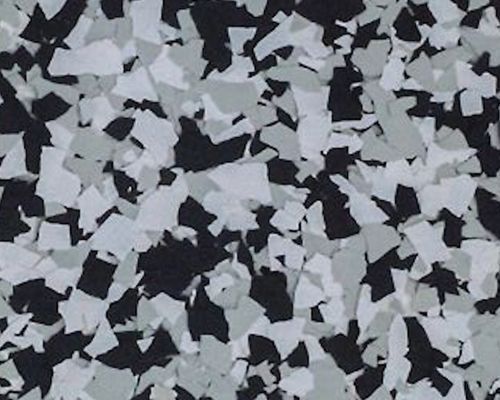 Black, gray, and white speckled floor coating.