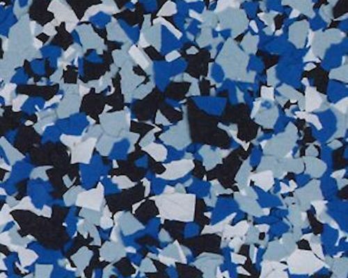 Blue, black, and white speckled flooring.