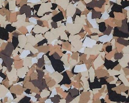 Close-up of a speckled flooring pattern. Tan, brown, black, and white chips create a textured, mottled appearance.