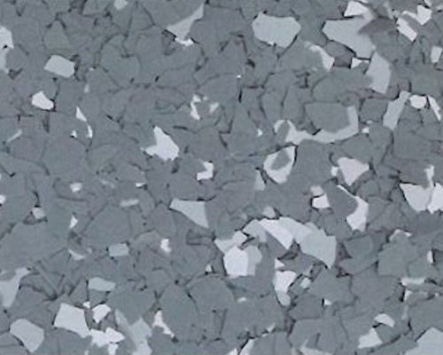Gray epoxy garage floor coating with multi-toned chips.