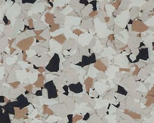 Speckled floor with chips of white, tan, brown, and black.