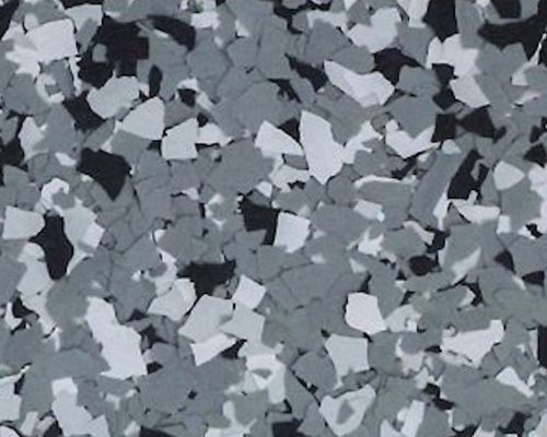 Gray, black, and white speckled flooring.