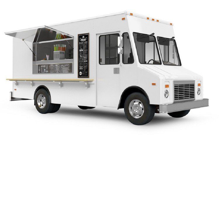 White food truck with open service window, menu board, and serving counter.