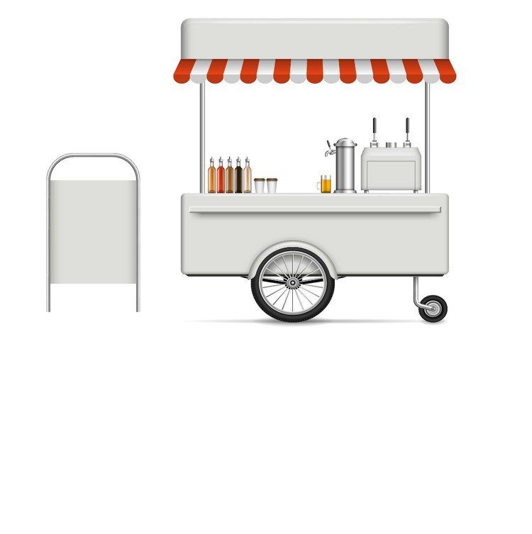 White food cart with red-striped awning, sign, and toppings.