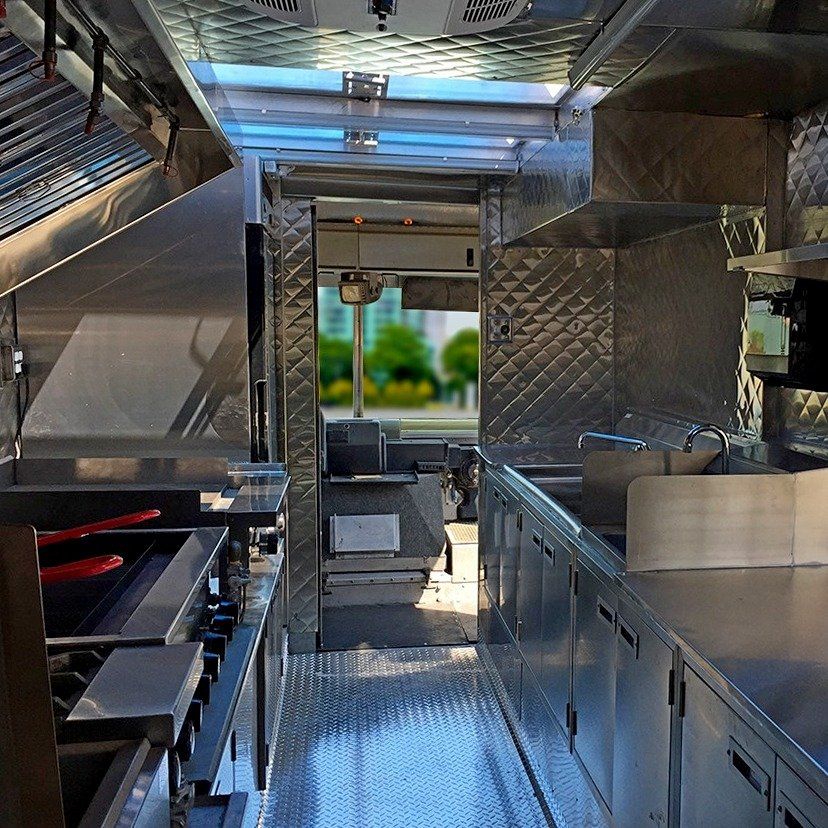 The inside of a food truck with stainless steel appliances