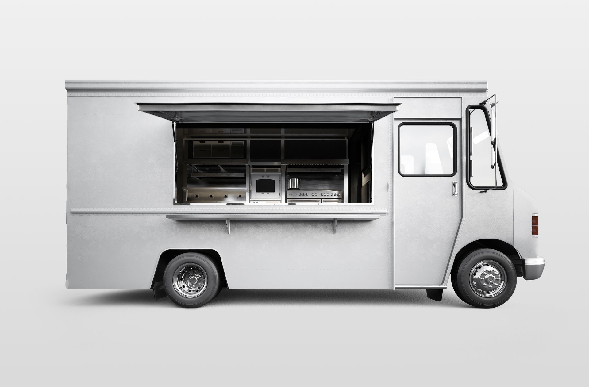 A white food truck with the door open on a white background.