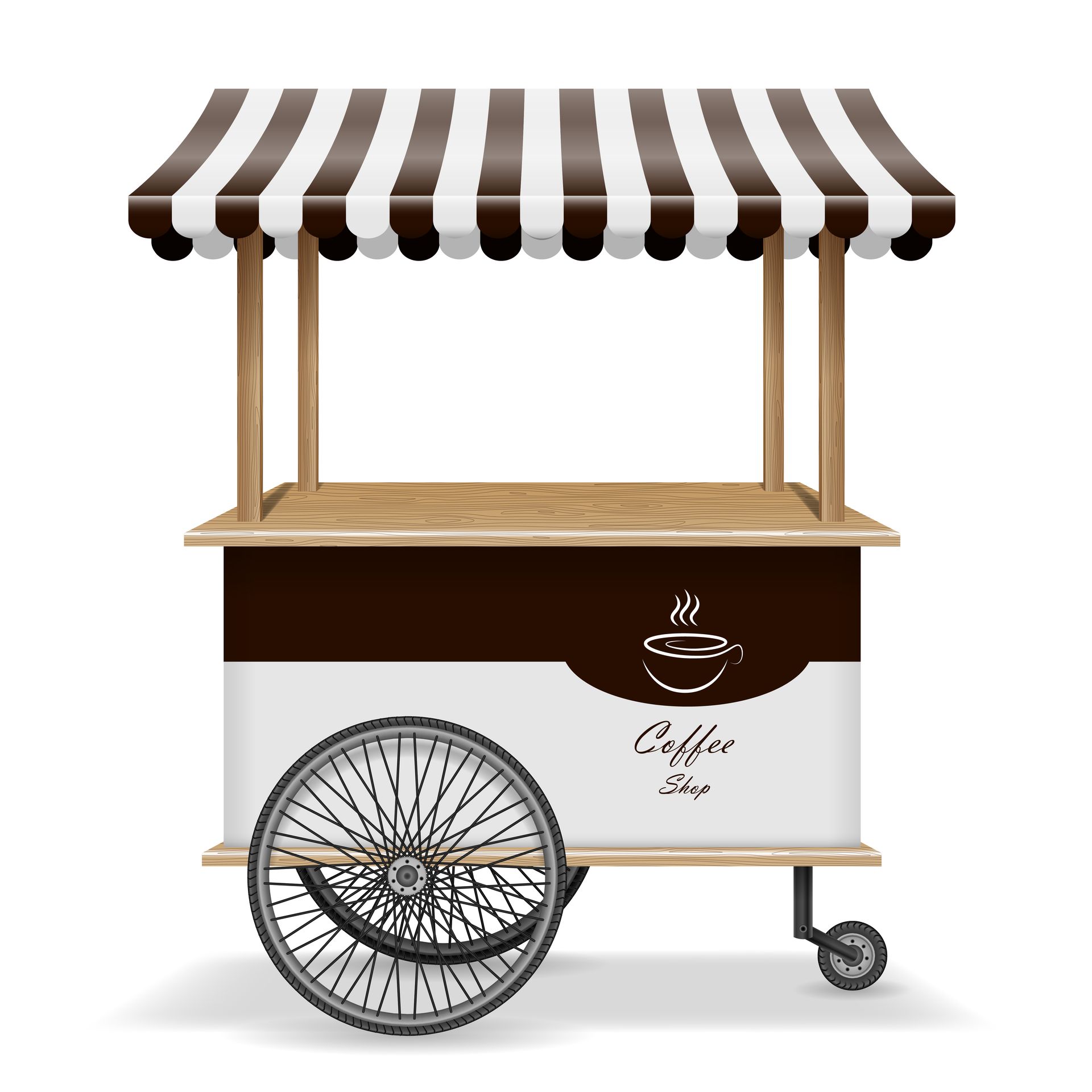 A coffee cart with a striped awning and a cup of coffee on it.
