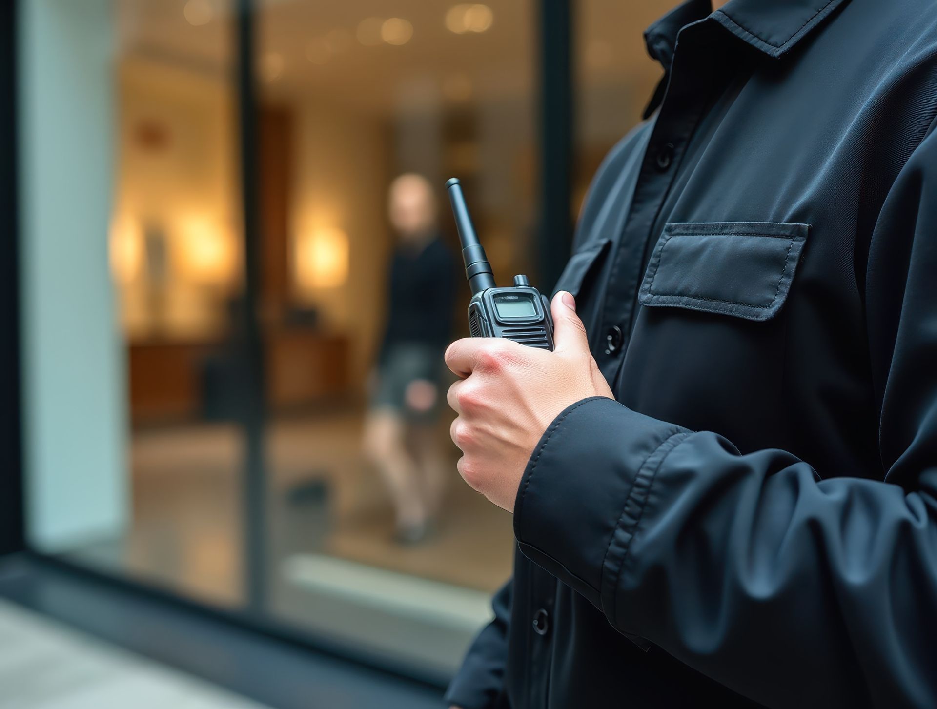 Commercial security guard monitoring property with radio communication device.