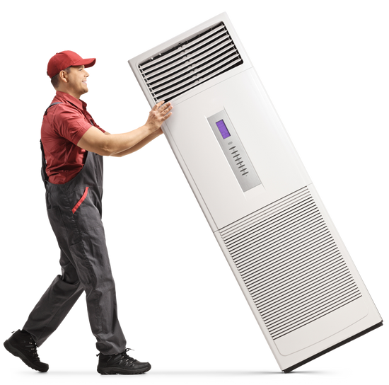 Full Length Profile Shot Of A Repairman With A Portable Self Standing Air Conditioning Device — Keizer, OR — Arrows Home Air