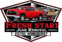 A logo for Fresh Start Junk Removal featuring a red pickup truck towing a trailer of junk over company text and phone number.