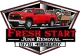 A logo for Fresh Start Junk Removal featuring a red pickup truck towing a trailer of junk over company text and phone number.