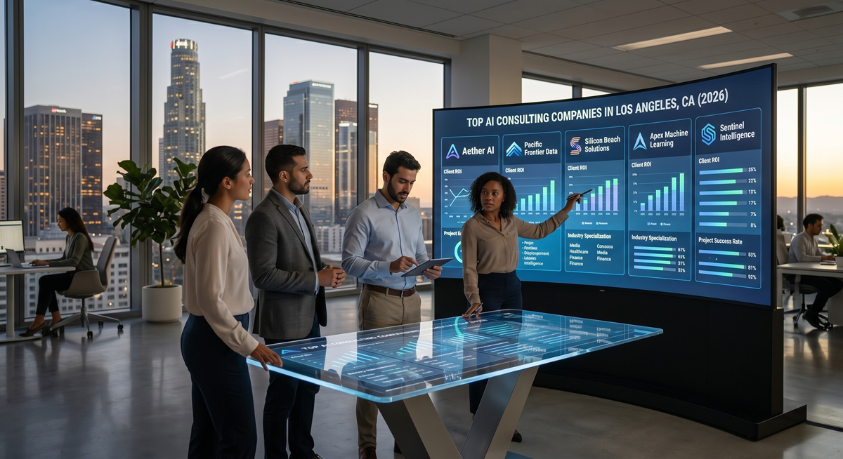 A diverse group of business professionals in a sleek, high-rise office collaborating around a glowing holographic glass table. In the background, a large curved digital display lists