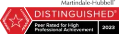 A red sign that says distinguished peer rated for high professional achievement.
