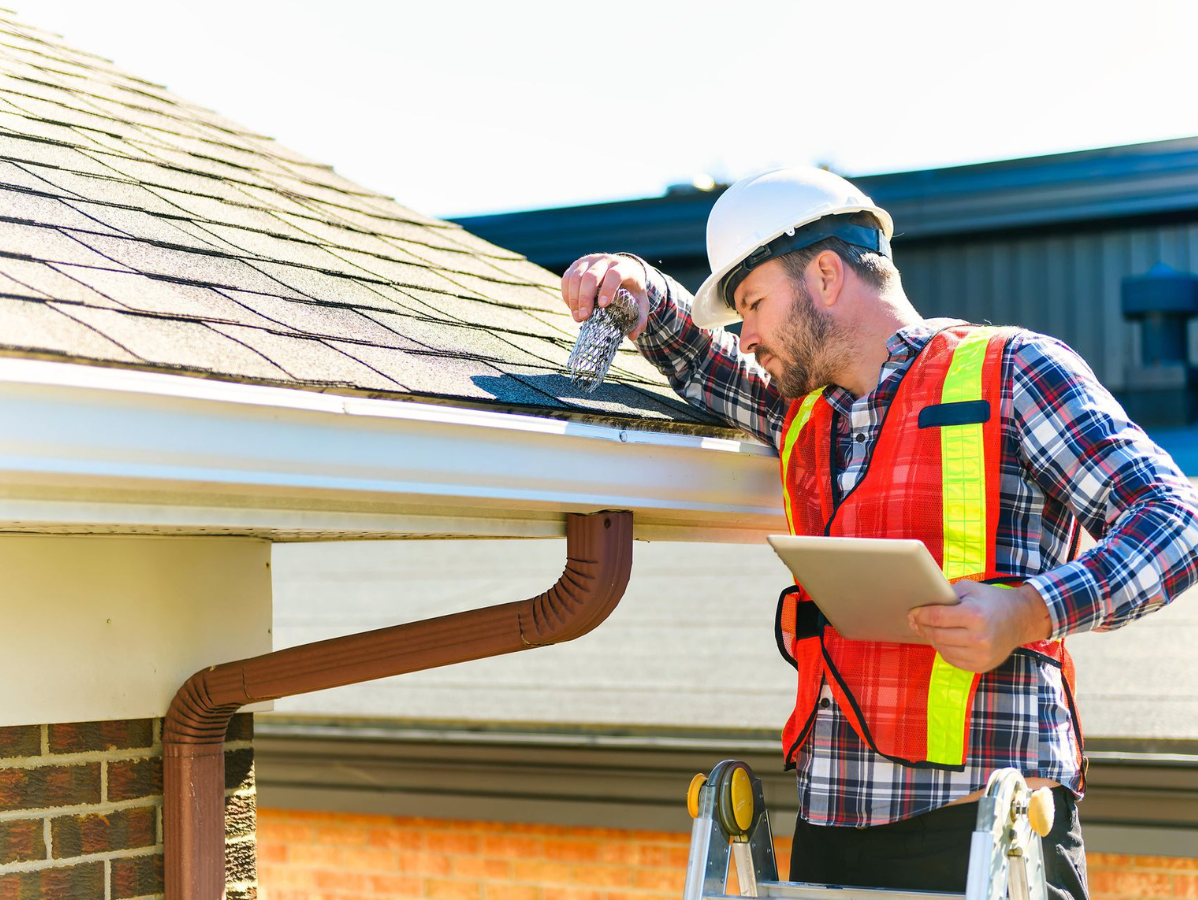 Construction worker in safety vest inspects a roof, using a tablet, on a sunny day.