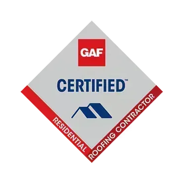 GAF Certified Residential Roofing Contractor logo: red, silver, and blue diamond shape.